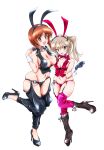  2girls :d absurdres adapted_costume animal_ears arm_around_waist bangs black_footwear black_gloves black_jacket black_legwear black_neckwear black_panties black_ribbon black_shirt blunt_bangs boots bow bowtie breasts brown_eyes brown_hair bunny_ears chaps character_name cleavage crop_top cross-laced_footwear dated detached_collar dress_shirt eyebrows_visible_through_hair fake_animal_ears frown garter_straps girls_und_panzer gloves groin hair_ribbon hand_on_another&#039;s_shoulder high_collar high_heel_boots high_heels highres jacket knee_boots lace-up_boots light_brown_hair long_hair medium_breasts multiple_girls navel neck_ribbon nishizumi_miho one_side_up open_mouth panties playboy_bunny red_jacket red_legwear red_neckwear red_panties red_shirt ribbon shimada_arisu shirt short_hair side-by-side skindentation sleeveless sleeveless_shirt small_breasts smile standing standing_on_one_leg straight_hair sweatdrop thighhighs tilted_headwear tomokoji twitter_username underwear white_shirt wing_collar wrist_cuffs 
