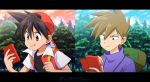  2boys :q backwards_hat bangs baseball_cap black_hair black_shirt blue_oak brown_eyes brown_hair clenched_hand closed_mouth cloud commentary_request day green_bag hair_between_eyes hands_up hat holding jacket kibisakura2 letterboxed male_focus multiple_boys outdoors pokedex pokemon pokemon_adventures red_(pokemon) shirt short_sleeves sky smile spiked_hair t-shirt tongue tongue_out tree 
