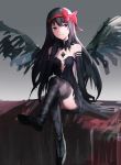  1girl akemi_homura akuma_homura black_gloves black_hair black_wings breasts crossed_legs elbow_gloves gloves hand_on_own_chin highres long_hair looking_at_viewer mahou_shoujo_madoka_magica mahou_shoujo_madoka_magica_movie mary_janes painterly purple_eyes red_ribbon ribbon shoes small_breasts smile solo tami_(zagh5778) thighhighs wings 