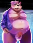  2020 absurd_res anthro balls belly blush bodily_fluids canid canine canis censored clothed clothing domestic_dog erection genital_fluids genitals hi_res kemono male mammal moobs navel nipples open_clothing open_shirt open_topwear overweight overweight_male penis precum shirt solo topwear yukio_ammy 