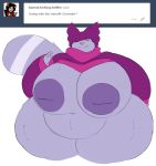  anthro belly big_belly big_breasts breasts cartoon_network chowder chowder_(series) clothed clothing clothing_lift crossgender english_text eyes_closed female fur hat headgear headwear hi_res huge_breasts inverted_nipples nipples overweight overweight_female profanity purple_body purple_fur rakashama shirt shirt_lift slightly_chubby solo sweatshirt text thick_thighs topwear wide_hips 