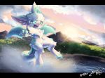  anthro detailed_background dragon flying fur furred_dragon gingy_k_fox horn mountain outside sea splash sunset surprise water wet wings 