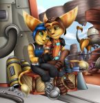  2017 absurd_res anthro arm_markings blue_hair box brown_nose clothing day duo ear_markings eyebrows facial_markings fan_character female fingers fur gloves green_eyes hair half-closed_eyes handwear head_markings hi_res lombax looking_at_another male mammal markings narrowed_eyes ratchet ratchet_and_clank sitting smile sofie-spangenberg sony_corporation sony_interactive_entertainment tail_markings tools video_games yellow_body yellow_fur 