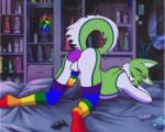  5:4 anal anal_penetration animated anthro bad_dragon balls bed black_nose buttplug canid canine digital_media_(artwork) dildo erection fidget_the_fox fox fur furniture genitals green_body green_eyes green_fur hair lava_lamp lgbt_pride lube male mammal mirror multicolored_penis penetration penis pride_colors rainbow_penis rainbow_thigh_highs sex_toy short_playtime simple_background smile solo white_body white_fur zemnovodnoe 