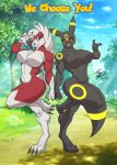  anthro biceps big_breasts black_body black_fur breasts duo eeveelution faogwolf featureless_breasts female forest fur gesture hi_res lycanroc midnight_lycanroc muscular muscular_female nintendo nude path paws pointing pointing_at_viewer pok&eacute;mon pok&eacute;mon_(species) red_body red_fur smiling_at_viewer text tree triceps umbreon video_games white_body white_fur 