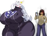  2020 absurd_res anthro big_breasts blackmail blush bodily_fluids boss_monster bovid breasts caprine clothed clothing curvy_figure deltarune duo emanata female fur hi_res huge_breasts human kris_(deltarune) male mammal mature_female nipple_outline overweight overweight_anthro overweight_female phone simple_background sssonic2 sweat sweatdrop tears thick_thighs toriel undertale video_games voluptuous white_background white_body white_fur wide_hips 