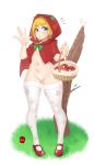  1girl :o absurdres ahoge apple bangs basket blonde_hair blue_eyes blush bow cameltoe capelet clothing_cutout clover clover_cutout eyebrows_visible_through_hair food four-leaf_clover fruit full_body green_bow harry_(dudwofla) highres holding holding_basket hood hooded_capelet little_red_riding_hood little_red_riding_hood_(grimm) looking_at_viewer micro_panties navel no_bra original panties red_capelet red_footwear red_hood shoes short_hair solo standing string_panties thick_thighs thighhighs thighs underwear waving white_legwear white_panties 