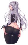  1girl absurdres ak-12_(girls_frontline) ass ass_grab bangs black_jacket black_pants black_ribbon braid breasts butt_crack commentary cowboy_shot crop_top cropped_jacket cropped_legs dimples_of_venus english_commentary fingernails french_braid from_behind girls_frontline grabbing_own_ass grey_jacket hair_between_eyes hair_ribbon highres jacket large_breasts long_fingernails long_hair long_sleeves looking_at_viewer looking_back midriff pants parted_lips profile purple_eyes rantia ribbon sideways_glance silver_hair simple_background solo standing thigh_gap two-tone_jacket white_background wide_sleeves 
