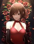 1girl bare_shoulders black_background black_gloves breasts brown_eyes brown_hair collarbone commentary dress elbow_gloves falling_petals floral_background flower gloves halterneck highres light_smile lips looking_at_viewer medium_breasts meiko nokuhashi petals red_dress red_flower red_rose rose short_hair solo spotlight upper_body vocaloid 