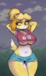  2020 animal_crossing anthro bottomwear breasts canid canine canis clothing crop_top domestic_dog female front_view grey_sky hands_behind_head hi_res isabelle_(animal_crossing) looking_aside mammal midriff nintendo nipple_slip outside portrait razdog shih_tzu shirt shorts solo standing three-quarter_portrait topwear toy_dog under_boob video_games wide_hips yellow_body 
