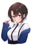  1girl alternate_costume bangs bespectacled blush breasts brown_hair coat eyebrows_visible_through_hair glasses green_eyes highres hololive looking_at_viewer medium_breasts oozora_subaru sasaki_(glass1138) shirt short_hair smile solo suspenders virtual_youtuber 