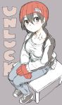  1girl beanie black_hair brown_eyes denim gloves grey_background hat izumo_fuuko jacket jeans looking_at_viewer nametake pants red_gloves red_headwear shirt shoes short_hair simple_background sitting sneakers solo undead_unluck white_shirt 