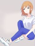  1girl artist_request blue_pants commentary_request expressionless grey_eyes hands_under_legs highres looking_to_the_side orange_hair original pants sandals shirt shoe_soles short_hair simple_background sitting solo t-shirt white_footwear white_shirt 