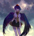 absurdres black_hair black_neckwear black_skirt black_wings cloud cloudy_sky commentary_request feathered_wings feet_out_of_frame hat highres huge_filesize looking_at_viewer neck_ribbon pom_pom_(clothes) red_eyes red_headwear ribbon shameimaru_aya shi_chimi shirt short_hair short_sleeves skirt sky smile solo tokin_hat touhou white_shirt wind wings 