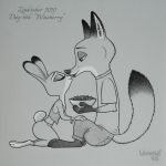  1:1 2020 barefoot bottomwear canid canine clothed clothing disney dubstepina english_text fox fully_clothed grey_background greyscale hi_res inktober inktober_2020 judy_hopps kneeling lagomorph leporid mammal midriff monochrome nick_wilde pants rabbit red_fox shirt signature simple_background sitting text topwear zootopia 