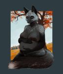  2020 ais05 anthro areola autumn big_breasts black_nose blue_border border breasts canid canine crossed_legs dark_areola dark_nipples digital_media_(artwork) female fox fur grey_body grey_fur holding_belly looking_at_self looking_down mammal navel nipples nude outside portrait pregnant sitting solo tree 