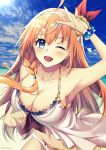  1girl ;d ahoge armpits bangs bare_shoulders beach bikini blue_eyes blush braid breasts cleavage collarbone day eyebrows_visible_through_hair floating_hair hair_ornament hair_ribbon hairband hand_up highres large_breasts long_hair looking_at_viewer mimamui navel one_eye_closed open_mouth orange_hair outdoors pecorine_(princess_connect!) princess_connect! princess_connect!_re:dive red_ribbon ribbon side_braid smile solo stomach swimsuit very_long_hair 
