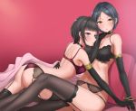  2girls ass bangle bangs black_gloves black_hair blunt_bangs blush bob_cut bra bracelet breasts choker earrings elbow_gloves garter_belt gloves hayami_kanade idolmaster idolmaster_cinderella_girls jewelry lingerie looking_at_viewer medium_breasts multiple_girls panties parted_bangs parted_lips purple_eyes shirayuki_chiyo short_hair shougun_(chuckni1) thighhighs thighs underwear yellow_eyes 