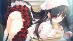  1girl ass black_hair blush censored cura cutting_board eyebrows_visible_through_hair frilled_skirt frills from_above game_cg hachiroku_(maitetsu) holding holding_ladle indoors ladle long_hair long_sleeves looking_at_viewer maitetsu mosaic_censoring no_panties official_art pussy pussy_juice red_eyes red_skirt skirt solo standing white_legwear 