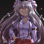  1girl arm_garter bangs beni_(bluebluesky) bow breasts closed_mouth collared_shirt commentary frown fujiwara_no_mokou glowing glowing_eyes hair_bow hand_on_hip highres large_breasts long_hair long_sleeves looking_at_viewer open_fly pants red_eyes red_pants shirt silver_hair solo standing suspenders touhou very_long_hair white_bow white_shirt 