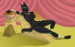  anthro anubian_jackal bandage breasts canid canine canis egyptian faogwolf feet female food fruit genitals jackal jewelry mammal navel navel_piercing nipple_piercing nipples nude peach_(fruit) piercing plant pussy reclining solo 
