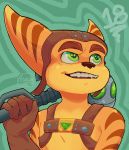  2020 anthro arm_markings assassyart brown_body brown_fur brown_markings brown_nose clank_(ratchet_&amp;_clank) clothing ear_markings eyebrows facial_markings fangs fingers fur green_eyes hat head_markings headgear headwear hi_res holding_object lombax looking_up male mammal markings ratchet ratchet_and_clank signature smile solo sony_corporation sony_interactive_entertainment teeth video_games yellow_body yellow_fur 