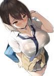  1girl ahoge azur_lane bag baltimore_(after-school_ace)_(azur_lane) baltimore_(azur_lane) bangs black_neckwear blush bra_through_clothes braid bralines breasts brown_hair choker clothes_around_waist collared_shirt exe_(xe) hair_between_eyes holding holding_bag large_breasts necktie pleated_skirt school_bag school_uniform see-through shirt short_hair short_sleeves skirt solo wet wet_clothes wet_shirt white_shirt yellow_eyes 