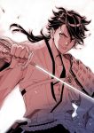  1boy black_hair holding holding_sword holding_weapon japanese_clothes long_hair looking_at_viewer male_focus mutsu-no-kami_yoshiyuki sakakibara_mizuki sarashi smile solo standing sword touken_ranbu upper_body weapon white_background 