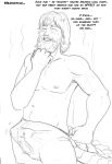  arania beard blush bodily_fluids boxers_(clothing) bulge clothed clothing comic dialogue english_text facial_hair genital_fluids hair hi_res humanoid jack_(tcitw) male mammal monochrome navel nipples precum profanity solo tenting text the_cabin_in_the_woods_(arania) topless underwear 