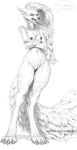  anthro black_and_white breasts canid canid_demon crossed_arms demon english_text female genitals hellhound helluva_boss hi_res loona_(vivzmind) mammal monochrome nipples nude pussy simple_background small_breasts solo speech_bubble standing text thick_thighs wide_hips zaggatar 