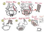  1girl :&lt; alternate_costume animal_ears bad_id bad_twitter_id black_legwear blush character_name chibi cup english_text fox_ears hololive instructions kettle matarou_(matarou072) ookami_mio pantyhose plate removing_legwear solo teacup teapot virtual_youtuber 