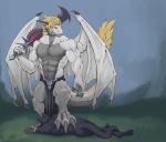  2020 abs anthro biceps big_muscles black_body black_fur blonde_hair claws clothing digital_media_(artwork) dragon duo fantdragon fur hair hi_res horn loincloth male male/male melee_weapon mostly_nude muscular muscular_anthro muscular_male paws pecs scalie simple_background standing sword weapon wings 