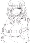  1girl bangs bare_shoulders blush breasts carmilla_(fate/grand_order) cleavage collarbone contemporary curly_hair fate/grand_order fate_(series) fue_(rhomphair) highres large_breasts lineart long_hair long_sleeves looking_at_viewer off-shoulder_sweater off_shoulder smile sweater 