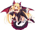  1girl blonde_hair breasts cleavage detached_sleeves dragon_girl dragon_horns dragon_tail dragon_wings drapri_guu-ta-life eyebrows_visible_through_hair full_body haru_(drapri_guu-ta-life) horns large_breasts long_hair official_art open_mouth outstretched_arm red_eyes ribbon solo tail tail_ribbon takano_yuki_(allegro_mistic) thighhighs transparent_background very_long_hair wings 