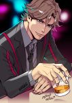  1boy alcohol black_neckwear black_suit blue_eyes brown_hair dark_background double_decker! douglas_billingham drink formal indoors long_sleeves looking_at_viewer male_focus necktie sakakibara_mizuki sitting solo suit 