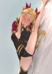  1girl black_nails blonde_hair blush closed_eyes dutch_angle embarrassed ereshkigal_(fate/grand_order) fate/grand_order fate_(series) grey_background groin_tendon hands_on_own_face highres kneepits long_hair nuda red_ribbon ribbon single_thighhigh skull_necklace solo split spread_legs thighhighs twintails 