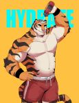  2020 anthro bottomwear clothing digital_media_(artwork) felid fur hi_res ixkouu male mammal muscular muscular_anthro one_eye_closed pantherine shorts simple_background solo stripes text tiger wink 