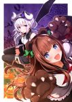  .live 2girls animal_ears bear_ears black_legwear blue_eyes brown_hair carro_pino commentary_request demon_horns demon_tail fake_animal_ears fang halloween headband highres horns jack-o&#039;-lantern kakyouin_chieri looking_at_viewer low_twintails multiple_girls namae_hamada open_mouth paws purple_eyes purple_hair school_uniform tail thighhighs tongue tongue_out twintails virtual_youtuber 