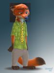  2020 absurd_res anthro barefoot bottomwear canid canine clothing disney dubstepina fox fur hi_res humor male mammal necktie nick_wilde orange_body orange_fur pants red_fox shirt signature simple_background solo standing tenting topwear zootopia 