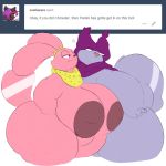  1:1 anthro big_breasts big_butt breasts butt cartoon_network chowder chowder_(series) clothing cross-popping_vein duo english_text female fur hi_res huge_breasts huge_butt inverted_nipples male male/female narrowed_eyes nipples overweight overweight_female overweight_male panini_(chowder) pink_body purple_body purple_fur rakashama smile smirk text thick_thighs vein wide_hips 