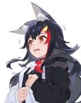  1girl animal_ear_fluff animal_ears black_hair blush breasts brown_eyes choker flipped_hair hair_ornament holding hololive izumi_sai jacket long_hair multicolored_hair ookami_mio open_mouth red_hair scared solo streaked_hair tearing_up trembling virtual_youtuber wolf_ears wolf_girl 