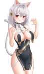  1girl absurdres animal_ears azur_lane bangs bare_arms bare_hips bare_shoulders black_dress blush breasts cat_ears cat_girl cat_tail claw_pose cleavage covered_navel cowboy_shot dress eyebrows_visible_through_hair flower hair_flower hair_ornament highres hsxxx kemonomimi_mode large_breasts looking_at_viewer red_eyes revealing_clothes rose short_dress short_hair silver_hair sirius_(azur_lane) sirius_(azure_horizons)_(azur_lane) sleeveless sleeveless_dress tail thigh_strap yellow_flower yellow_rose 