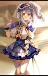  1girl azur_lane bow breasts center_frills clothing_cutout dido_(azur_lane) dido_(muse)_(azur_lane) dress eyebrows_visible_through_hair frilled_dress frills gloves headphones highres large_breasts light_purple_hair long_hair looking_at_viewer purple_dress purple_eyes shibaebi_(yasaip_game) short_dress short_sleeves side_ponytail sideboob solo two-tone_dress underboob underboob_cutout white_bow white_gloves 