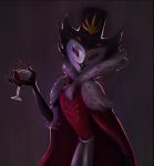  2019 4_fingers alternate_version_at_source anthro avian beak beverage bird black_body black_feathers cape clothing crown demon feathers fingers half-closed_eyes helluva_boss hi_res looking_at_viewer luxcip-art male multi_eye narrowed_eyes owl red_eyes smile solo stolas_(vivzmind) white_body white_feathers wine_glass 