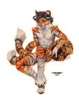  2020 anthro black_sclera black_stripes digital_media_(artwork) felid fur hi_res male mammal multi_tail nude orange_body orange_eyes orange_fur pantherine simple_background solo striped_body striped_fur stripes tiger white_background white_body white_fur wrabby 