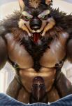  2020 anthro balls beard biceps black_body black_fur black_sclera blush bodily_fluids body_hair breath canid canine canis chest_tuft digital_media_(artwork) digital_painting_(artwork) dripping_precum drooling ear_piercing erection facial_hair first_person_view front_view fur furgonomics genital_fluids genitals glans green_eyes grey_body grey_fur happy_trail hi_res humanoid_genitalia humanoid_penis inside leaking_precum looking_at_viewer male mammal manly multicolored_body multicolored_fur muscular muscular_anthro muscular_male nipples nude nviek5 open_mouth pecs penis penis_towards_viewer piercing precum precum_drip pupils saliva sharp_teeth slit_pupils submissive submissive_pov sweat teeth thick_penis tongue tongue_out tuft white_body white_fur wolf 