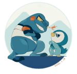  beak closed_mouth commentary_request croagunk crossed_arms dated eye_contact gen_4_pokemon looking_at_another no_humans piplup pokemon pokemon_(creature) rivalry smile standing teeth tokeru 