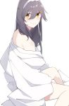 1girl bare_shoulders black_hair blush from_side hair_between_eyes hair_ornament hairband hairclip haruna_(kantai_collection) ieufg kantai_collection long_hair looking_at_viewer simple_background sitting smile solo white_background white_hairband yellow_eyes 