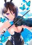  1girl animal_ears asymmetrical_hair bang_dream! bangs bare_shoulders black_hair blue_bow blue_butterfly blue_nails blue_neckwear bow bow_(instrument) breasts bug bunny_ears bunny_girl butterfly cleavage collarbone covered_navel detached_collar earrings eyebrows_visible_through_hair fake_animal_ears hair_between_eyes headband highres holding insect instrument jewelry large_breasts leotard looking_at_viewer nail_polish pantyhose parted_lips pink_eyes playboy_bunny short_hair solo tiles tsurugi_hikaru violin yashio_rui 