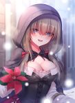  1girl :d blurry blurry_background blush breasts breath brown_hair cleavage commentary_request corset depth_of_field eyebrows_visible_through_hair eyes_visible_through_hair flower frilled_sleeves frills hair_over_eyes highres holding holding_flower hood hood_up hoshina_meito long_hair long_sleeves looking_at_viewer low_twintails medium_breasts open_mouth original outdoors purple_eyes red_flower smile solo twintails upper_body 